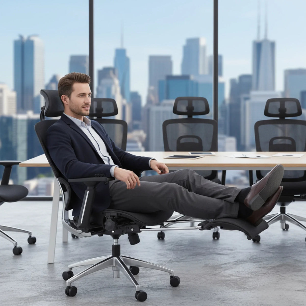 Proizvod je ergonomska uredska stolica, točnije model Ergonew A1F. Slika prikazuje muškarca kako udobno sjedi u stolici, koja ima moderan dizajn i podesive komponente. Pozadina ističe panoramu grada, sugerirajući profesionalno uredsko okruženje.