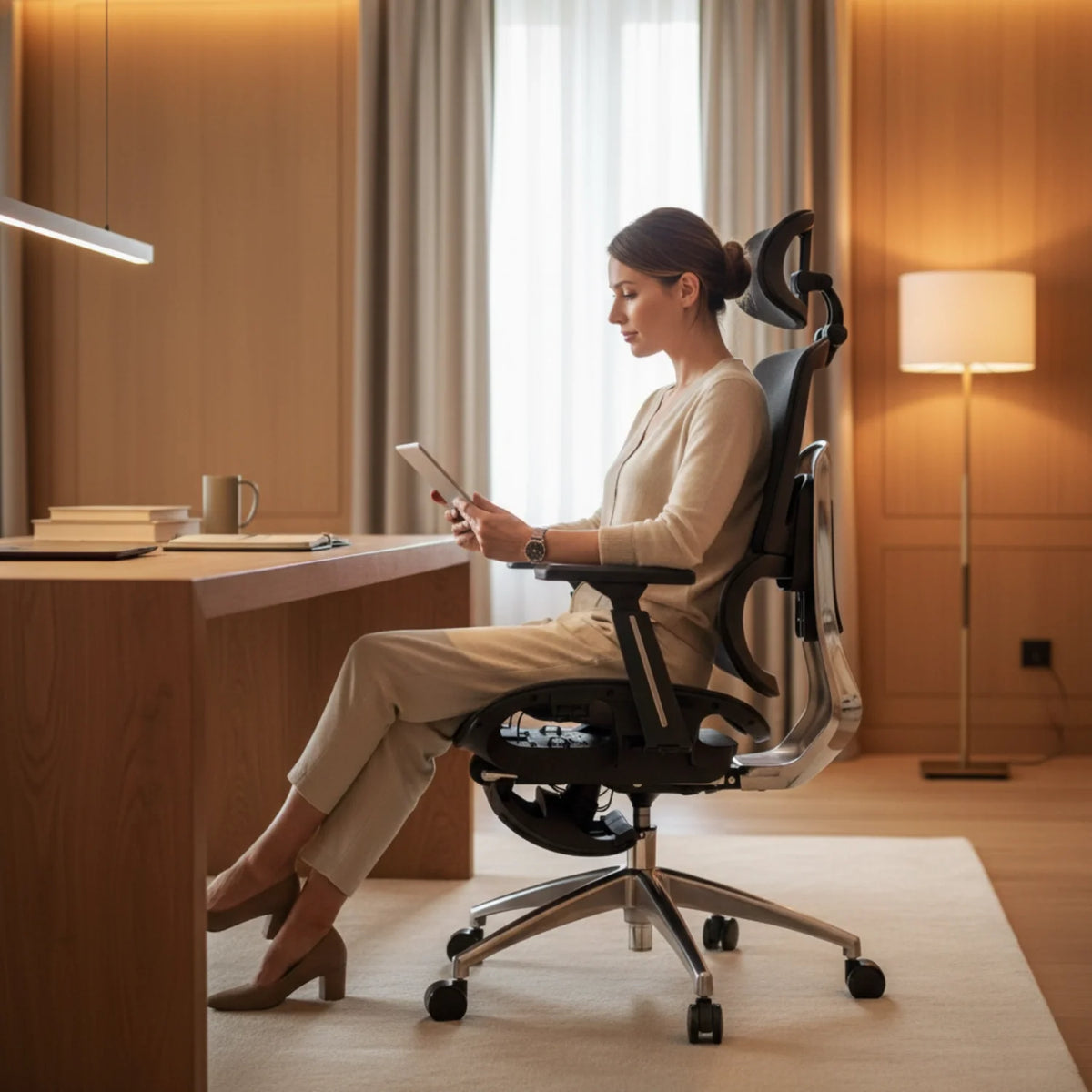 Slika prikazuje ergonomsku uredsku stolicu, točnije model Ergonew A1F. Prikazuje ženu koja udobno sjedi za radnim stolom i koristi tablet u dobro osvijetljenom, modernom radnom prostoru. Stolica ima elegantan dizajn s podesivim značajkama, a okruženje uključuje drveni stol, knjige i šalicu, stvarajući ugodnu atmosferu.