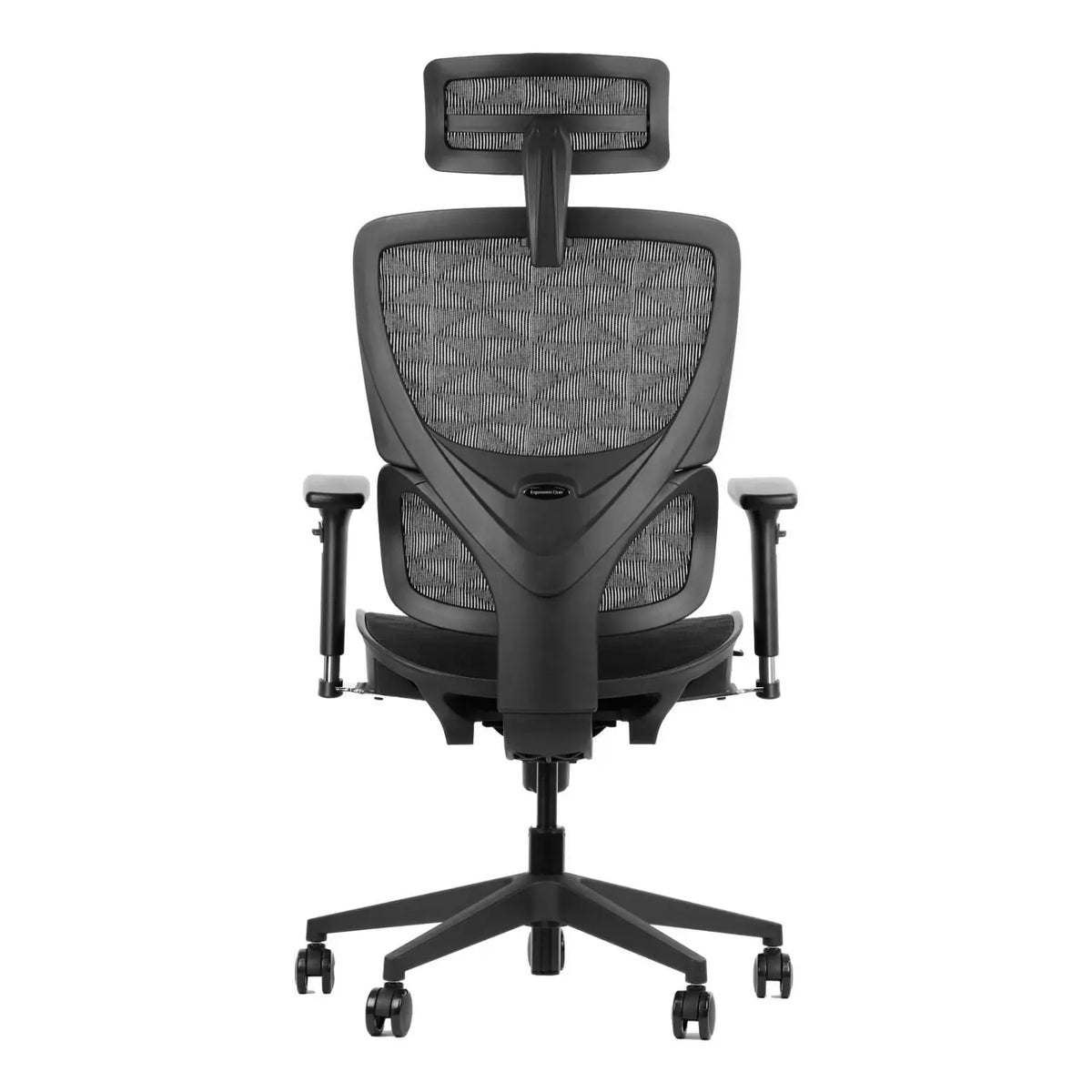 Proizvod je ergonomska uredska stolica, točnije model Ergonew S1. Slika prikazuje elegantnu crnu stolicu s mrežastim naslonom za leđa, podesivim naslonima za ruke i naslonom za glavu, dizajniranu za udobnost i potporu tijekom dugih sati sjedenja. Stolica ima moderan dizajn s bazom u pet točaka za stabilnost.
