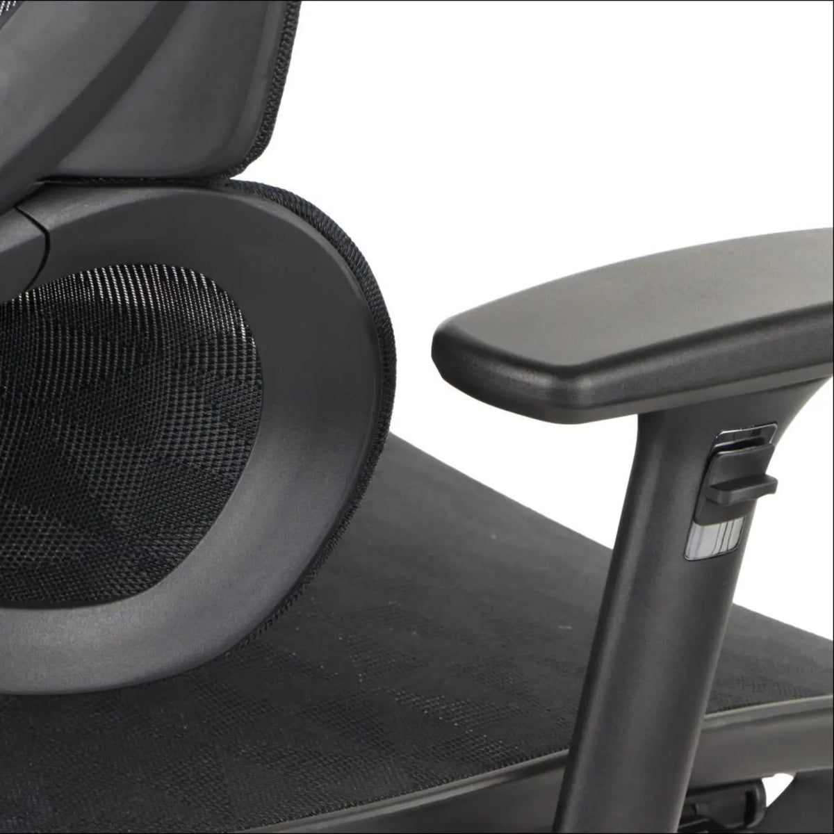 Slika prikazuje ergonomsku uredsku stolicu brenda Ergonew, model S1. Prikazuje krupni plan naslona za leđa i naslona za ruke stolice, ističući mrežastu tkaninu za prozračnost i potporu, kao i podesivu značajku na naslonu za ruke za prilagodbu.