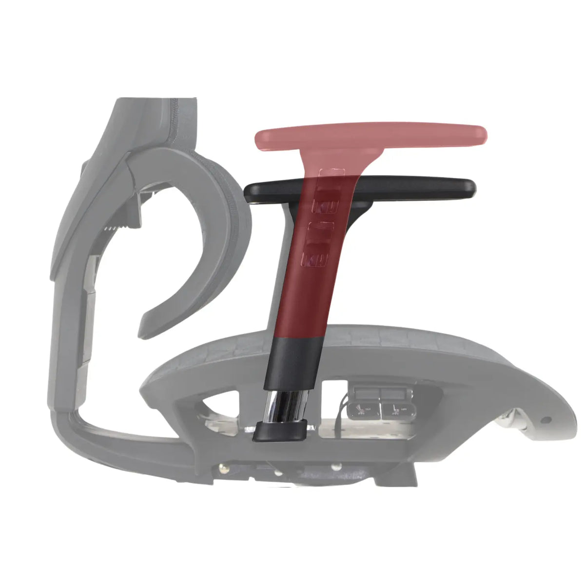 Slika prikazuje komponentu ergonomske uredske stolice brenda Ergonew, točnije model S1. Prikazuje krupni plan mehanizma naslona za ruke na stolici, ističući crno-crvenu polugu za podešavanje uz dio baze stolice. Ovaj dizajn naglašava funkcionalnost i ergonomsku potporu.