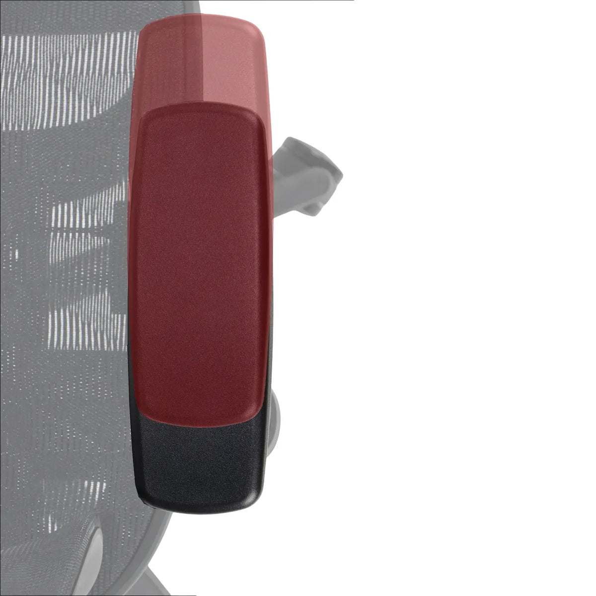 Proizvod je ergonomska uredska stolica, točnije model Ergonew S1. Slika prikazuje krupni plan naslona za ruke, koji ima dvobojni dizajn s crvenim gornjim dijelom i crnim postoljem. Naslon za ruke dizajniran je za udobnost i potporu, tipično za ergonomske stolice.
