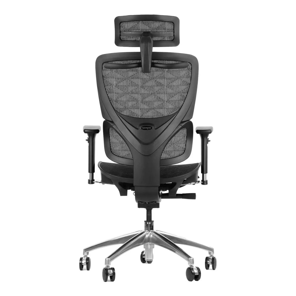 Proizvod je ergonomska uredska stolica, točnije model Ergonew S1A. Slika prikazuje stolicu sa stražnje strane, s elegantnim dizajnom s mrežastim naslonom za leđa i naslonom za glavu, uz podesive naslone za ruke i kromirano postolje s kotačićima za mobilnost.
