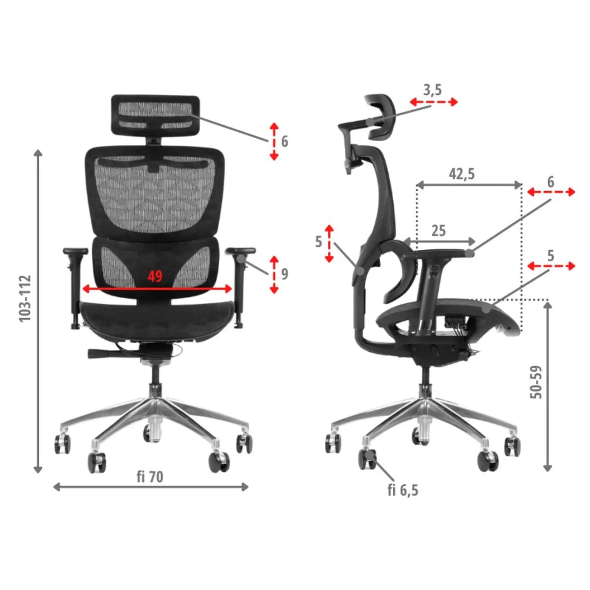 Proizvod je ergonomska uredska stolica, točnije model Ergonew S1A. Slika prikazuje stolicu s prednje i bočne strane, ističući njezine podesive značajke i dimenzije. Sadrži mrežasti naslon za prozračnost, podesive naslone za ruke i elegantan dizajn s kromiranim postoljem i kotačićima za mobilnost.