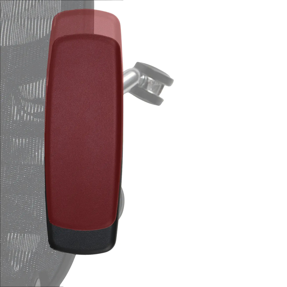 Slika prikazuje ergonomsku uredsku stolicu, točnije model Ergonew S1A. Prikazuje krupan plan naslona za ruke, koji ima crveno-crnu shemu boja, ističući njegov dizajn i podesive značajke. Pozadina uključuje mrežastu tkaninu, tipičnu za ergonomske stolice radi prozračnosti.