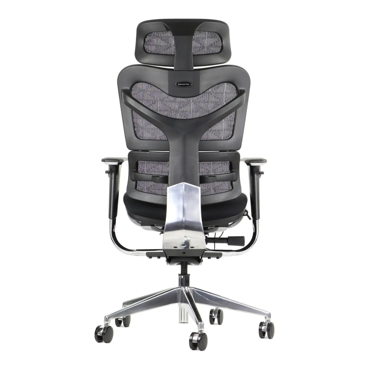 Proizvod je ergonomska uredska stolica, točnije model Ergonew S7. Slika prikazuje modernu stolicu elegantnog dizajna, s visokim naslonom za leđa, mrežastom tkaninom za prozračnost i podesivim naslonima za ruke. Postolje je kromirano, pružajući moderan kontrast crnim elementima stolice.