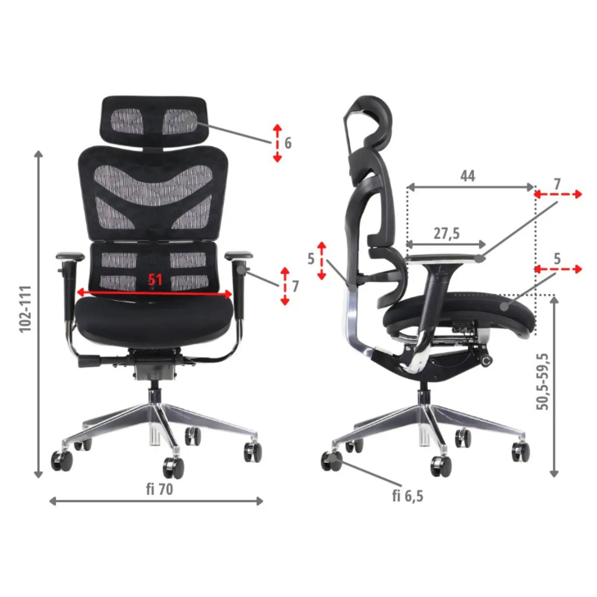 Slika prikazuje ergonomsku uredsku stolicu, točnije model Ergonew S7. Karakterizira je moderan dizajn s mrežastim naslonom za prozračnost i podesivim značajkama. Stolica je prikazana iz prednjeg i bočnog pogleda, ističući njezine dimenzije i ergonomsku strukturu.