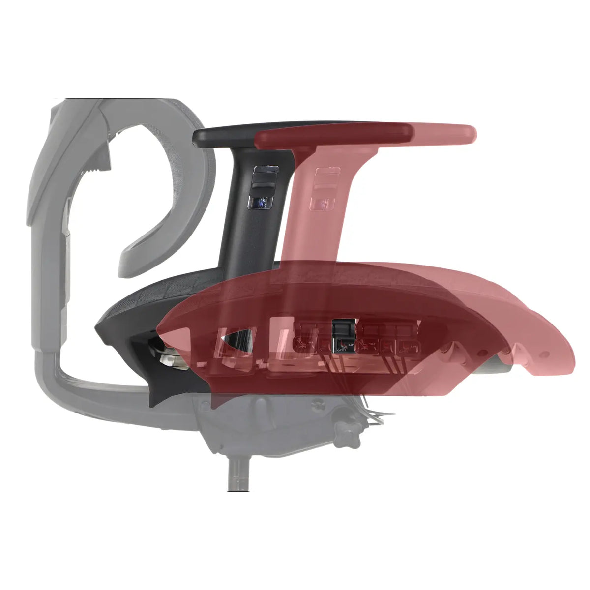 Proizvod je ergonomska uredska stolica, točnije model Ergonew S7. Slika prikazuje krupan plan naslona za ruke stolice, ističući njegove podesive značajke i ergonomski dizajn za veću udobnost. Fokus je na mehanizmu koji omogućuje podešavanja, prikazujući funkcionalnost stolice.