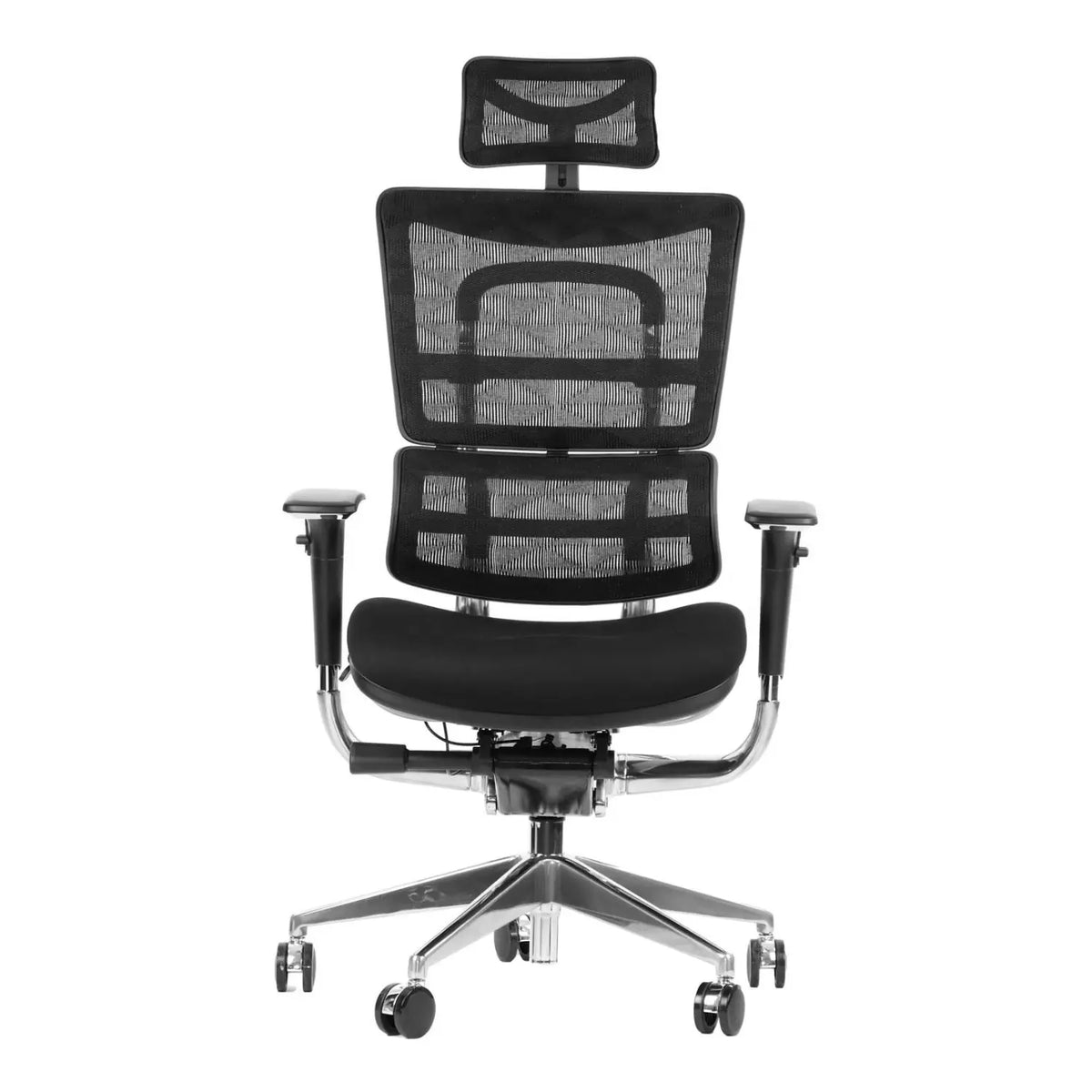 Proizvod je ergonomska uredska stolica, točnije model Ergonew S8. Stolica se odlikuje elegantnim dizajnom s mrežastim naslonom za leđa i podstavljenim sjedalom, pružajući potporu i udobnost. Također uključuje podesive naslone za ruke i naslon za glavu, što je čini prikladnom za duge sate korištenja. Postolje je opremljeno kotačićima za laku mobilnost.
