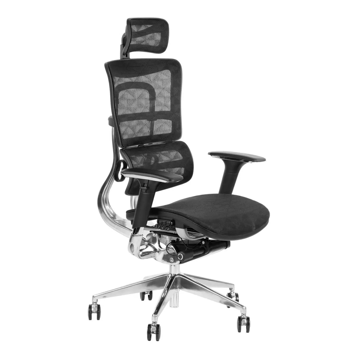 Proizvod je ergonomska uredska stolica, točnije model Ergonew S8. Stolica ima visoki mrežasti naslon za leđa za prozračnost, podesivi naslon za glavu i naslone za ruke, uz elegantan dizajn koji uključuje kromirano postolje i kotačiće za mobilnost. Cjelokupna estetika je moderna i funkcionalna, s ciljem pružanja udobnosti i potpore tijekom dugih radnih sati.