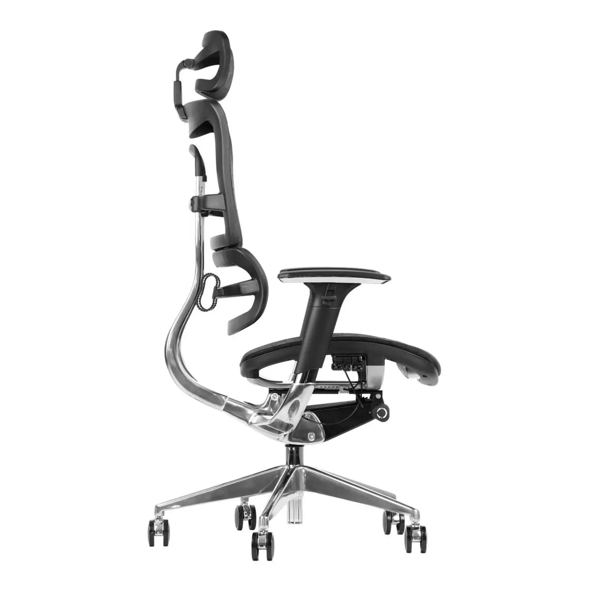 Proizvod je ergonomska uredska stolica, točnije model Ergonew S8. Slika prikazuje stolicu s bočne strane, ističući njezin elegantan dizajn s visokim naslonom za leđa, podesivim naslonima za ruke i transparentnim detaljima postolja. Stolica se čini dizajniranom za udobnost i potporu, s modernim materijalima i stilskom estetikom.