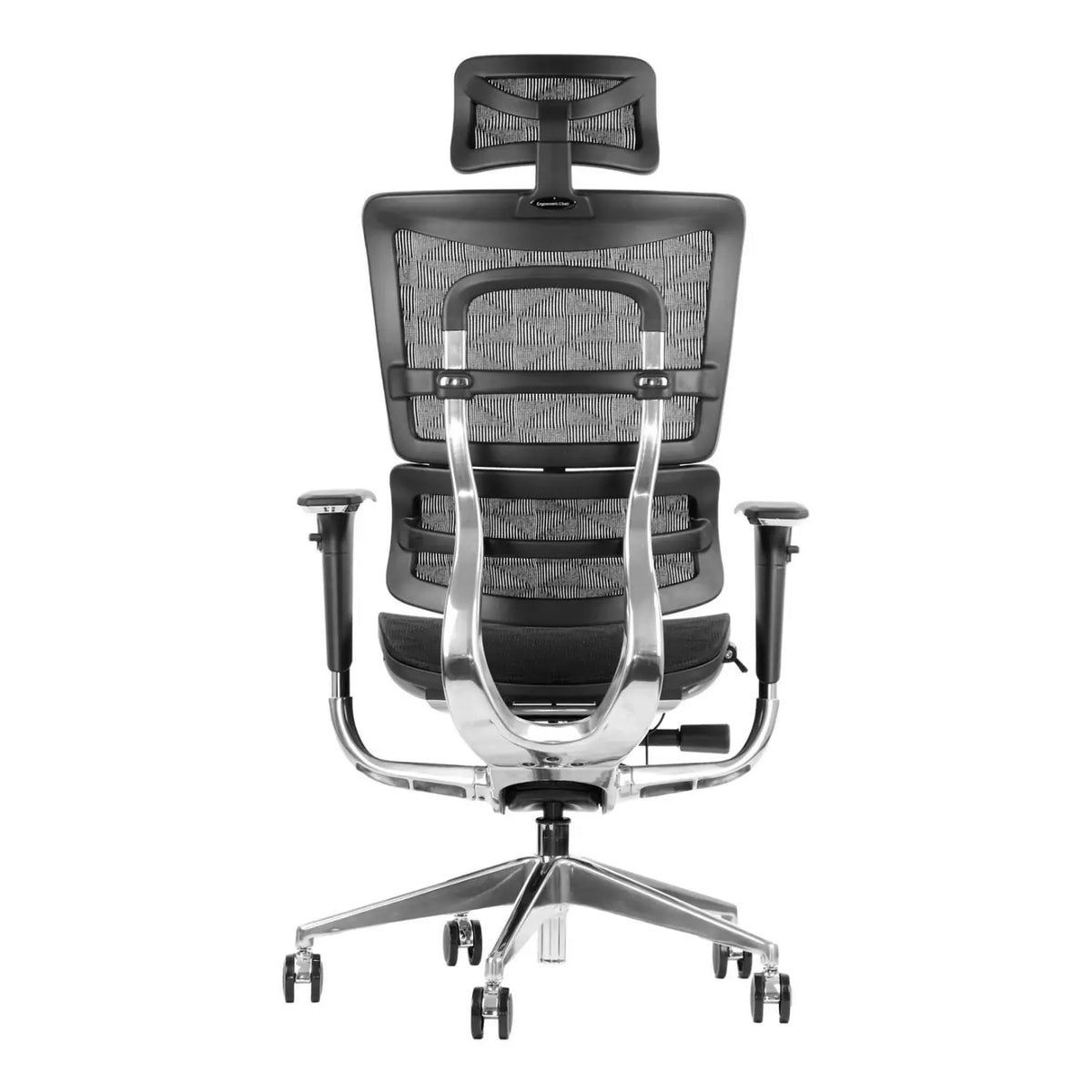 Proizvod je ergonomska uredska stolica, točnije model Ergonew S8. Slika prikazuje stolicu sa stražnje strane, ističući njezin elegantan dizajn, mrežasti naslon za leđa i podesive naslone za ruke. Postolje se čini metalnim s kotačićima za mobilnost, naglašavajući udobnost i modernu estetiku.