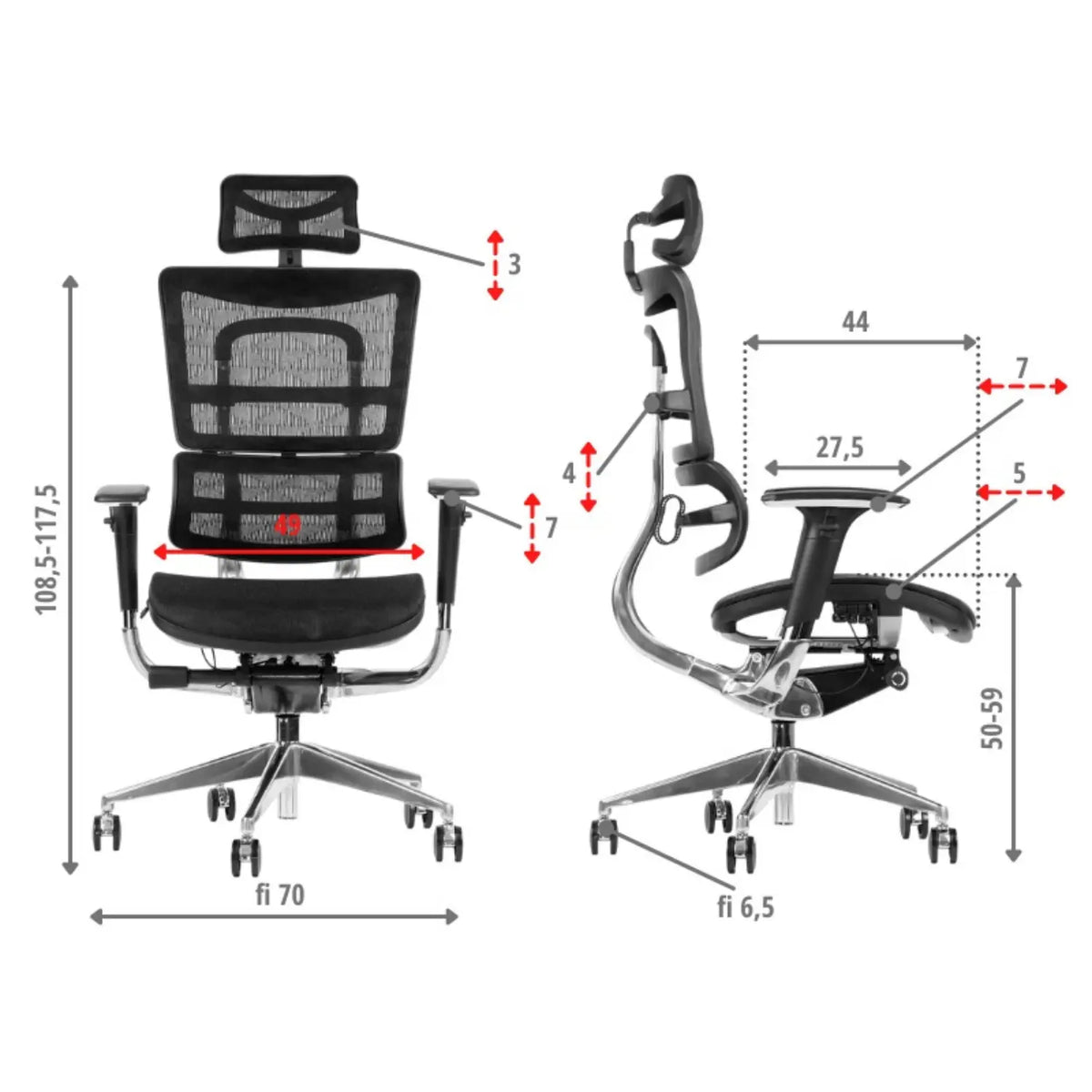 Slika prikazuje ergonomsku uredsku stolicu, točnije model Ergonew S8. Stolica je dizajnirana s mrežastim naslonom za leđa za prozračnost i podesivim komponentama za udobnost. Vidljive dimenzije ukazuju na njezinu podesivu visinu i značajke naslona za ruke, prikazujući njezin ergonomski dizajn prilagođen potpori korisnika.
