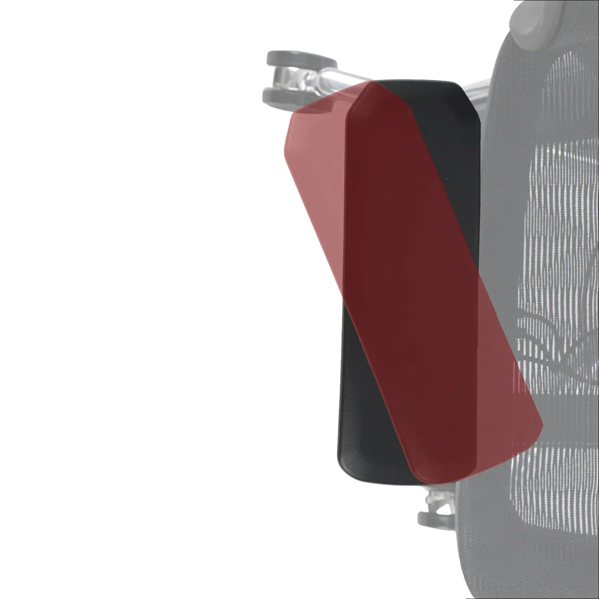 Slika prikazuje ergonomsku uredsku stolicu, točnije model Ergonew S8. Ističe krupan plan naslona za ruke na stolici, koji ima elegantan dizajn s kombinacijom crvene i crne boje. Čini se da je naslon za ruke podesiv, što pridonosi ergonomskim značajkama stolice.