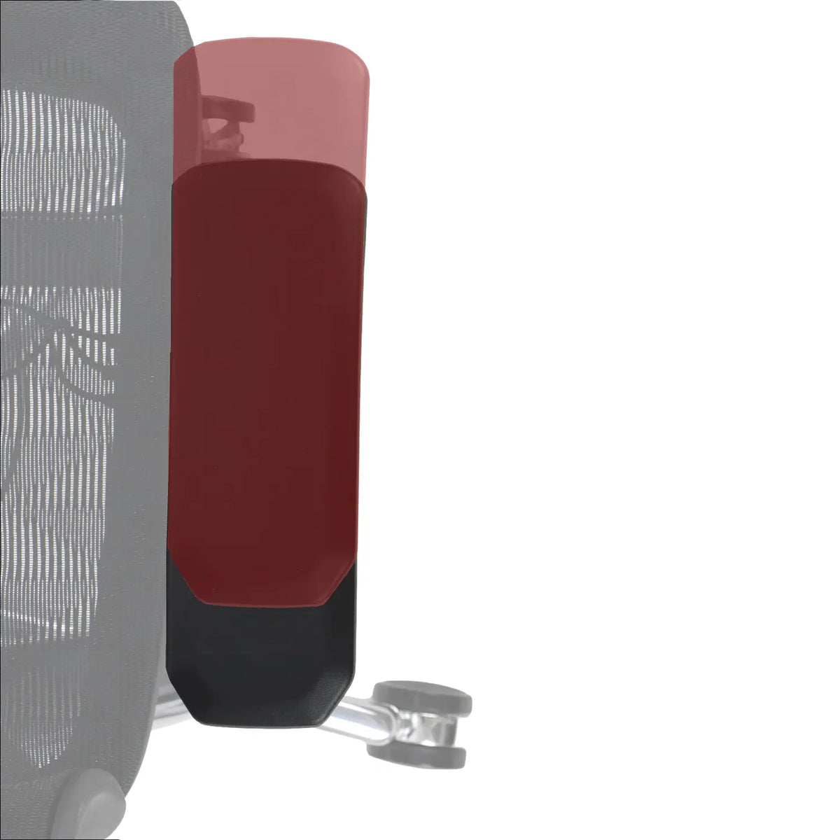 Slika prikazuje ergonomsku uredsku stolicu, točnije model Ergonew S8. Prikazuje krupan plan naslona za ruke na stolici, koji ima elegantan dizajn s kombinacijom crvene i crne boje, ističući njegovu modernu estetiku. Čini se da je stolica izrađena s mrežastim naslonom za prozračnost i udobnost.
