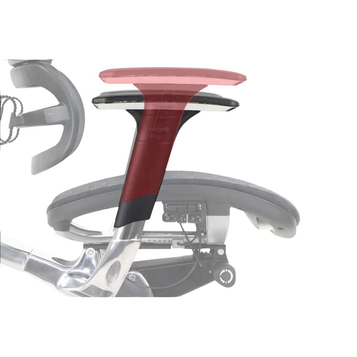 Slika prikazuje ergonomsku uredsku stolicu, točnije model Ergonew S8. Odlikuje se elegantnim dizajnom naslona za ruke s crvenim detaljem, podesivom visinom i modernom bazom. Stolica također uključuje vidljive kontrolne elemente za prilagodbu, naglašavajući udobnost i ergonomsku potporu.