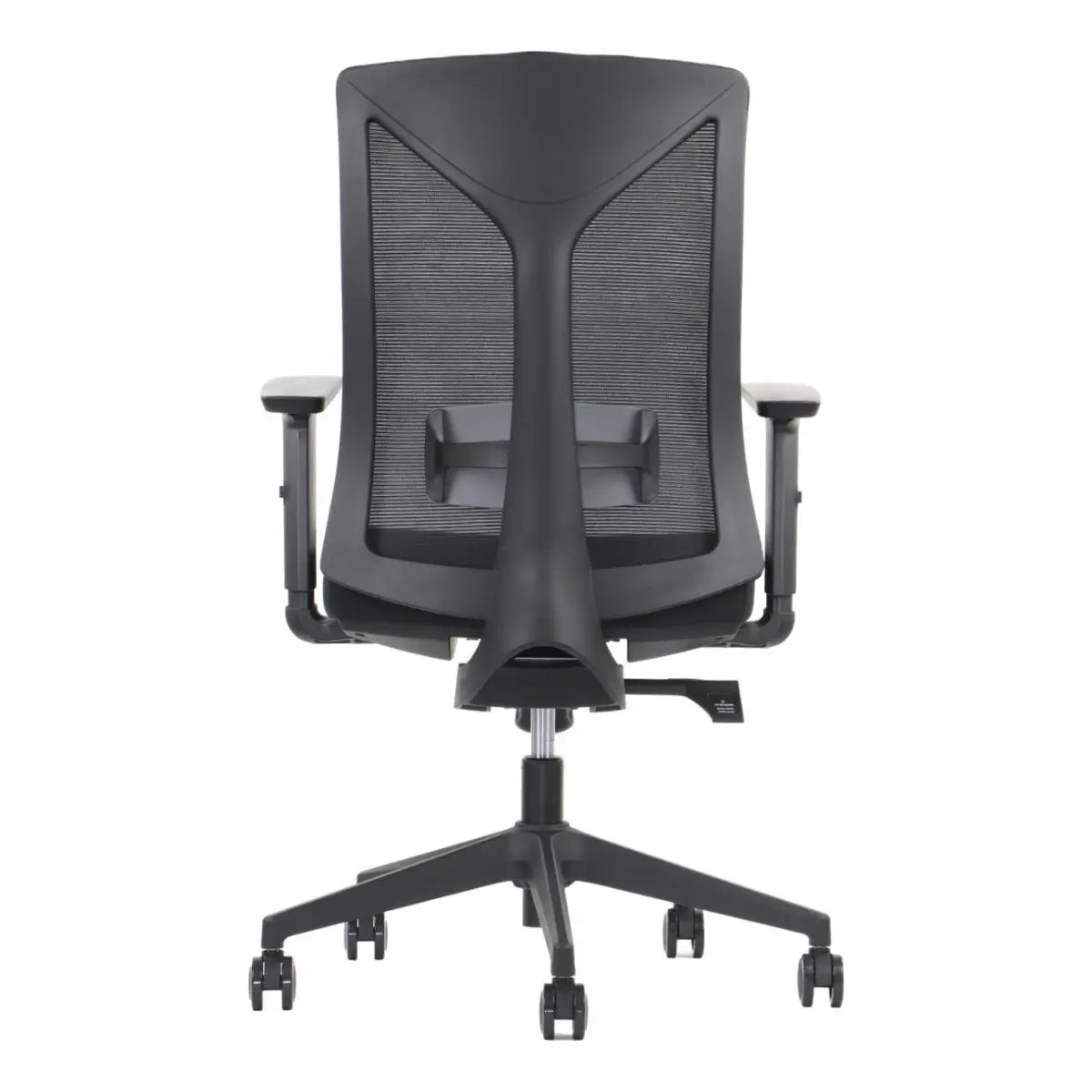 Slika prikazuje ergonomsku uredsku stolicu brenda Hager. Stolica ima elegantan crni dizajn s mrežastim naslonom za leđa za prozračnost. Uključuje podesive naslone za ruke i bazu s pet krakova s kotačićima za lakše kretanje.