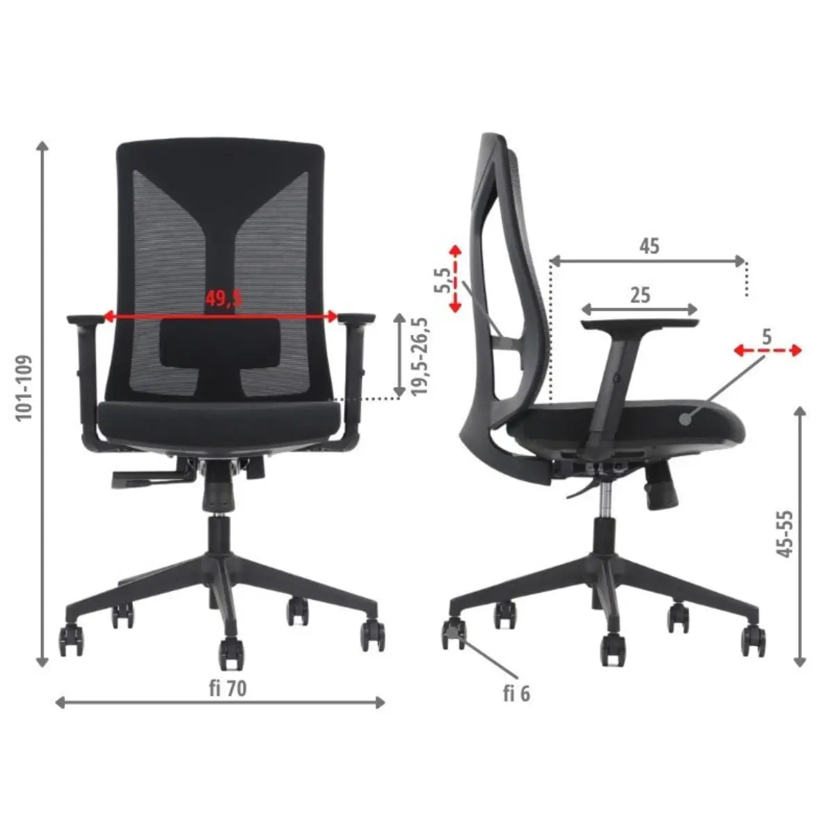 Proizvod je ergonomska uredska stolica, točnije model Hager. Slika prikazuje stolicu s prednje i bočne strane, ističući njezine podesive značajke, uključujući postavke visine i naslona za ruke. Također uključuje mjere za različite dimenzije, naglašavajući njezin ergonomski dizajn za udobnost i potporu.