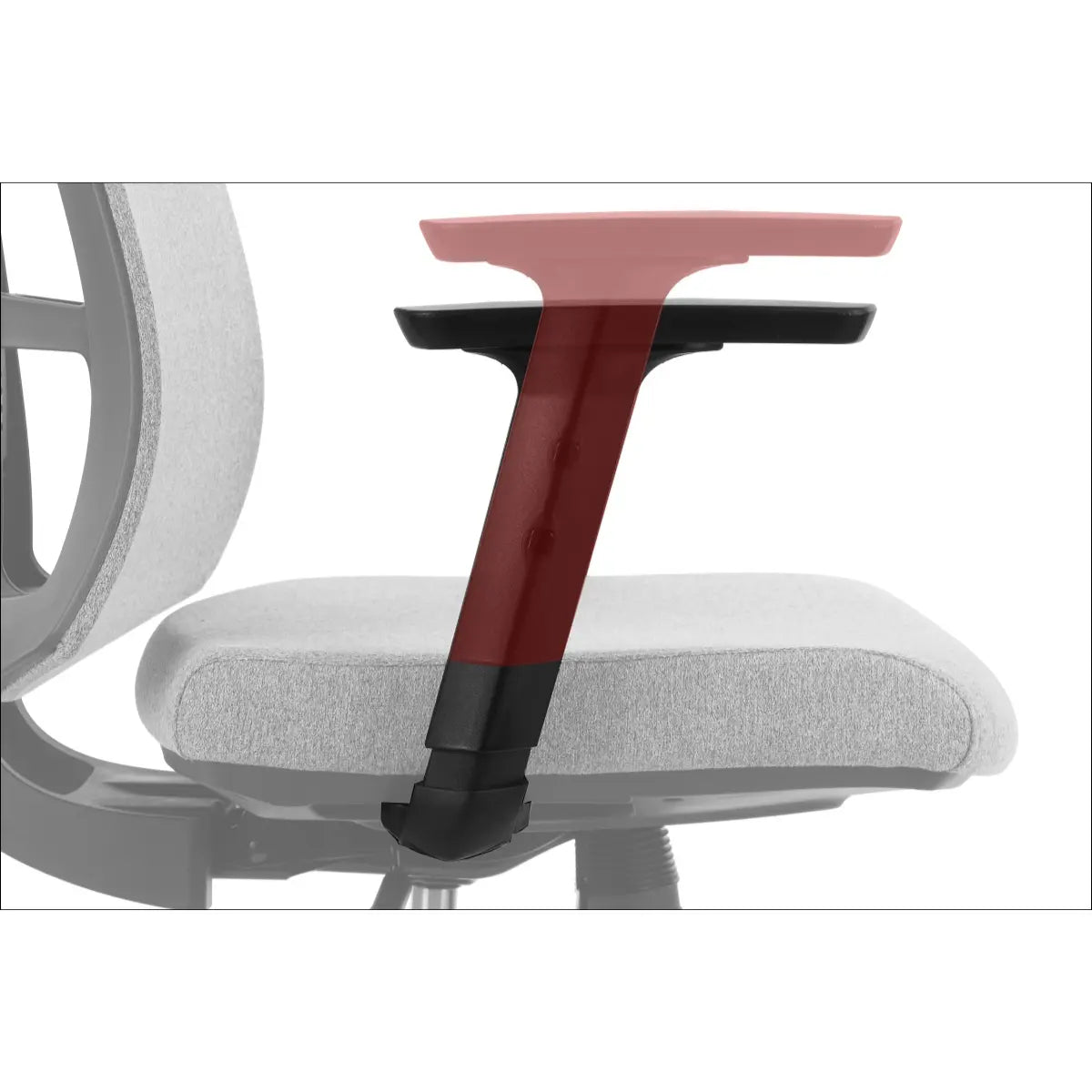 Slika prikazuje ergonomsku uredsku stolicu brenda Hager. Prikazuje krupni plan naslona za ruke, koji ima elegantan dizajn s kombinacijom crvene i crne boje. Sjedalo stolice presvučeno je svijetlosivom tkaninom, naglašavajući udobnost i modernu estetiku.
