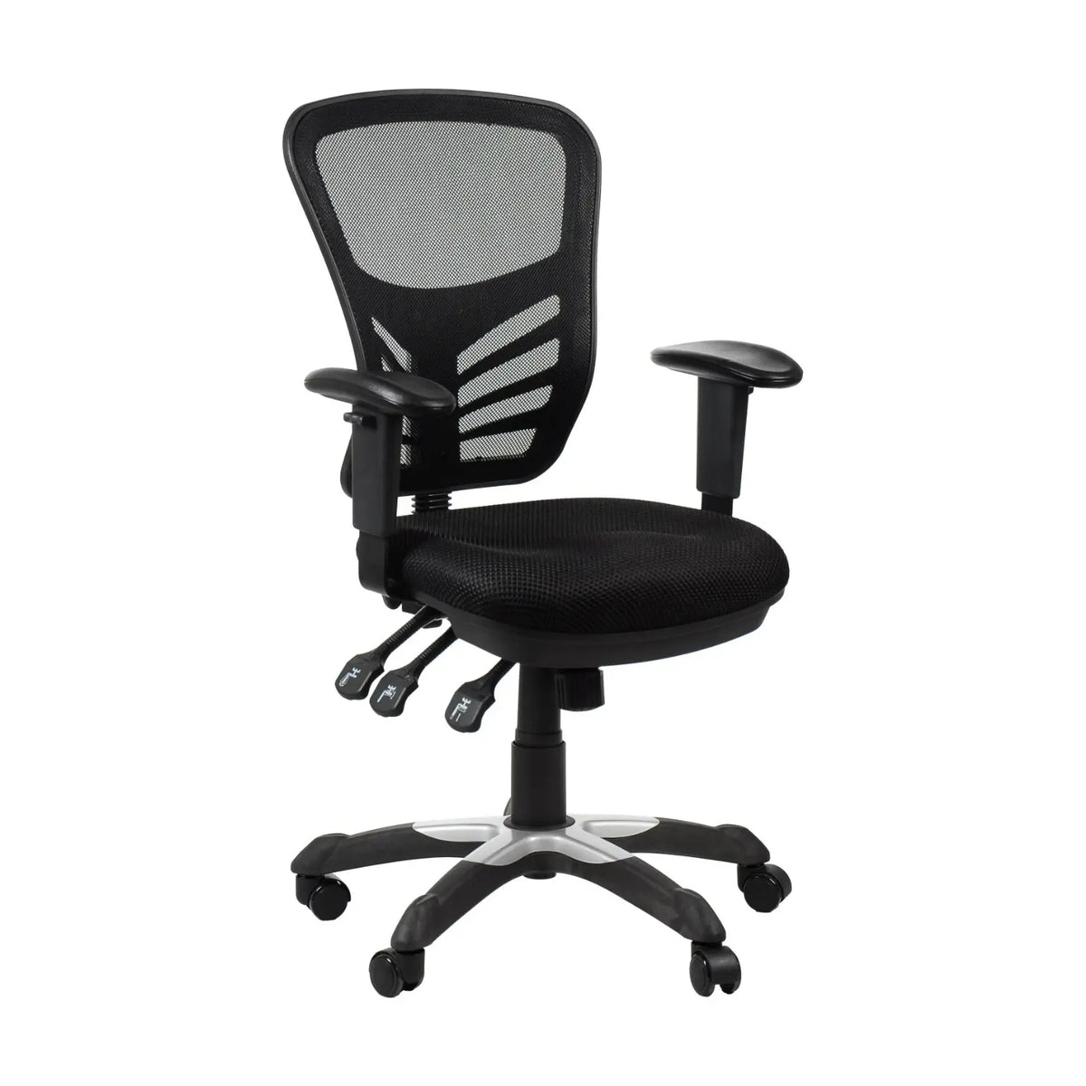 Slika prikazuje ergonomsku uredsku stolicu, model HG-0001. Ima prozračni mrežasti naslon za leđa, podstavljeno sjedalo i podesive naslone za ruke, dizajnirane za udobnost i potporu tijekom dugih sati sjedenja. Stolica je postavljena na bazu s pet krakova s kotačićima za mobilnost.