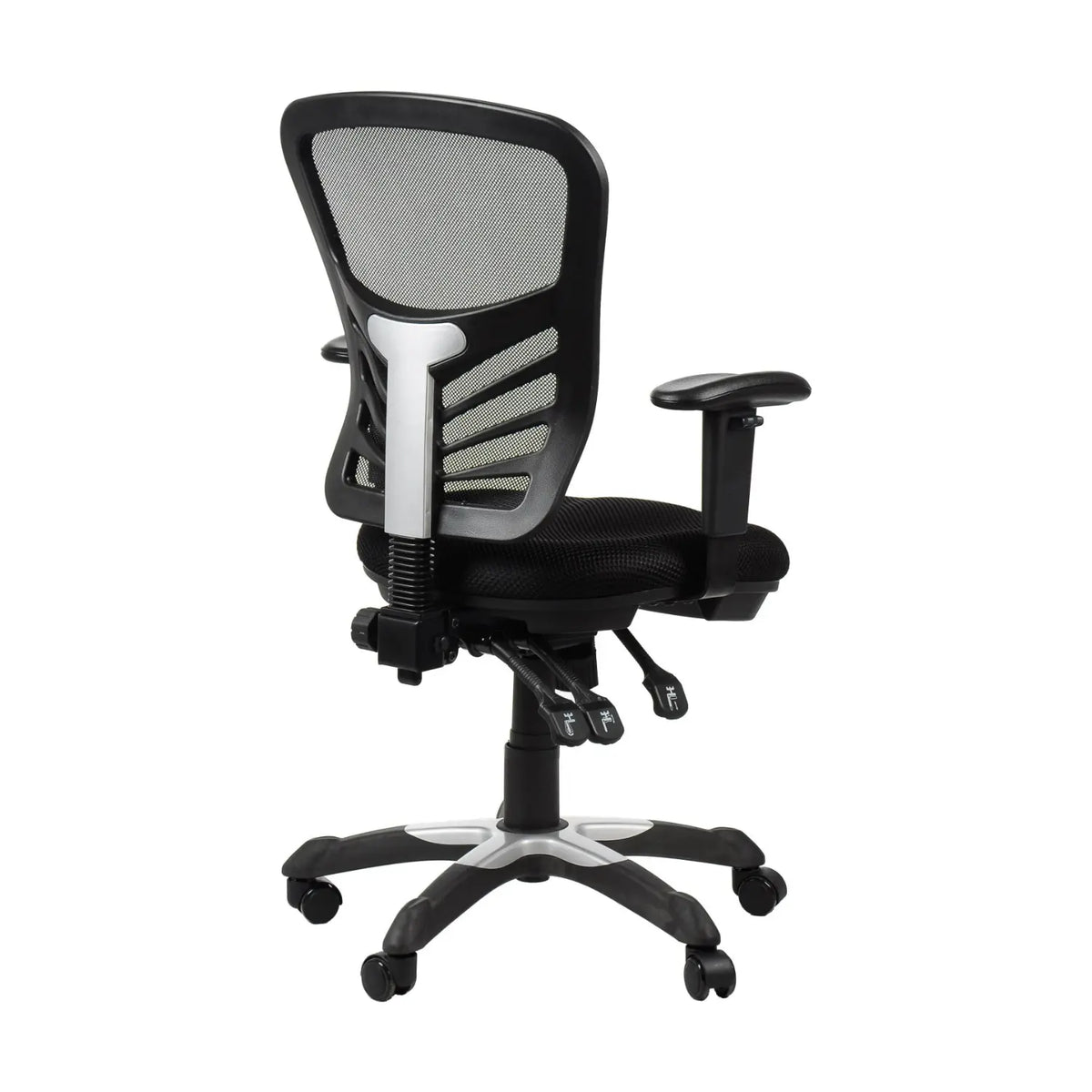 Proizvod je ergonomska uredska stolica, model HG-0001. Slika prikazuje crnu stolicu s mrežastim naslonom za leđa za prozračnost, podesivim naslonima za ruke i bazom s pet krakova s kotačićima za mobilnost. Dizajn naglašava udobnost i potporu za dugotrajno sjedenje.