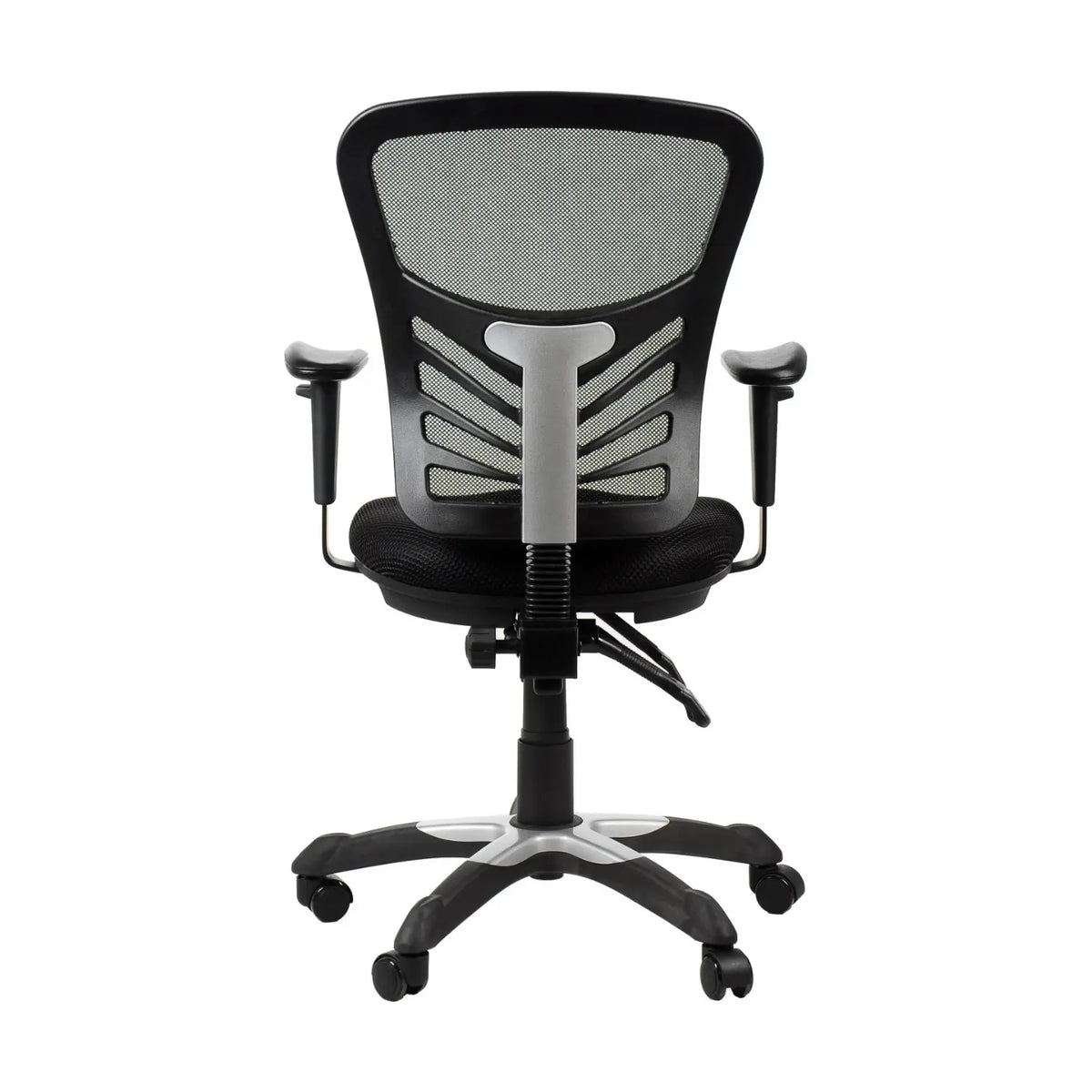 Proizvod je ergonomska uredska stolica, model HG-0001. Slika prikazuje pogled na stolicu sa stražnje strane, s mrežastim naslonom za leđa za prozračnost, podesivim naslonima za ruke i bazom s pet krakova s kotačićima za mobilnost. Dizajn naglašava udobnost i potporu, prikladnu za duge sate korištenja.