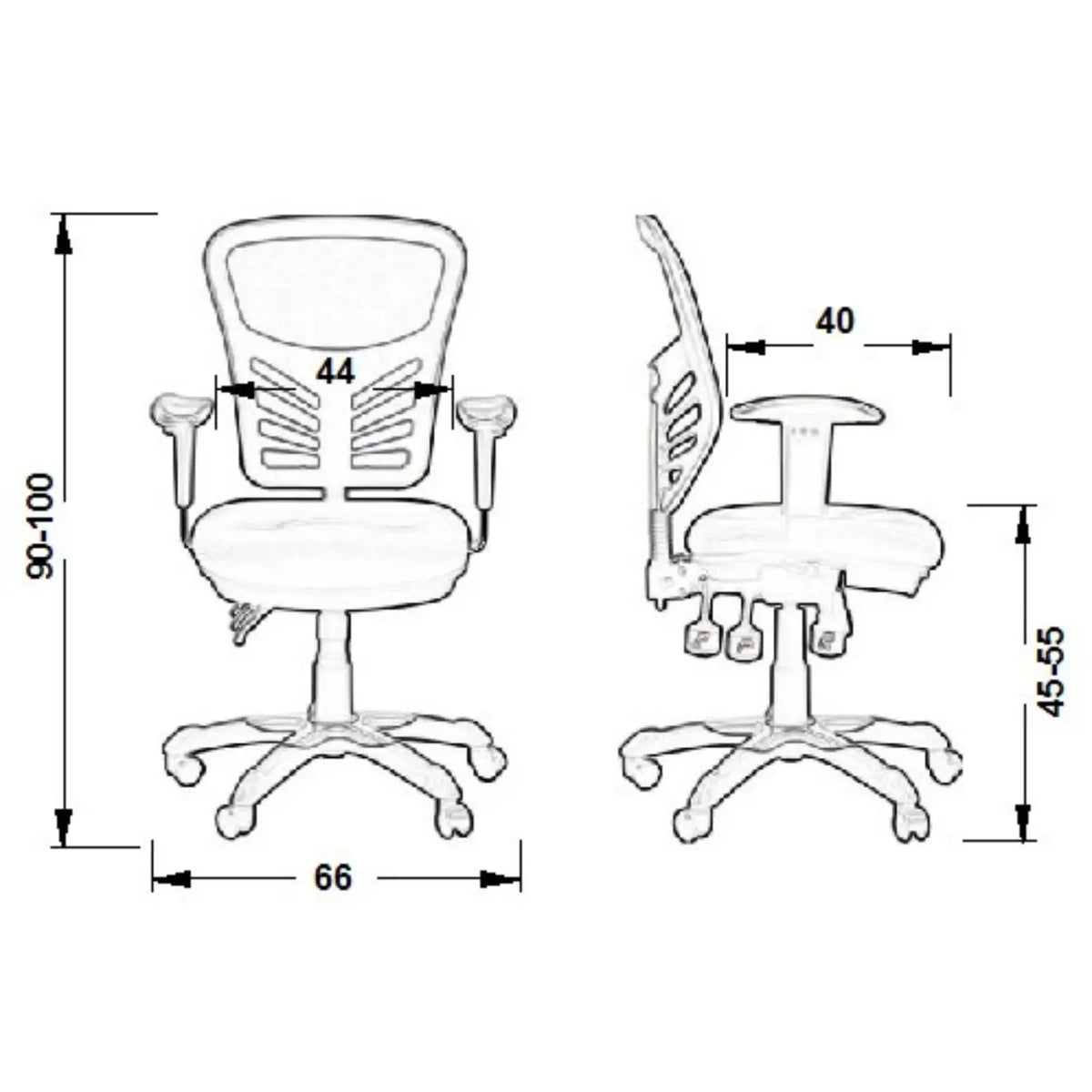 Proizvod je ergonomska uredska stolica, model HG-0001. Slika prikazuje tehnički crtež stolice, ističući njezine podesive značajke, uključujući visinu sjedala i naslona za leđa, kao i naslone za ruke. Dizajn naglašava udobnost i potporu, prikladnu za duge sate sjedenja.