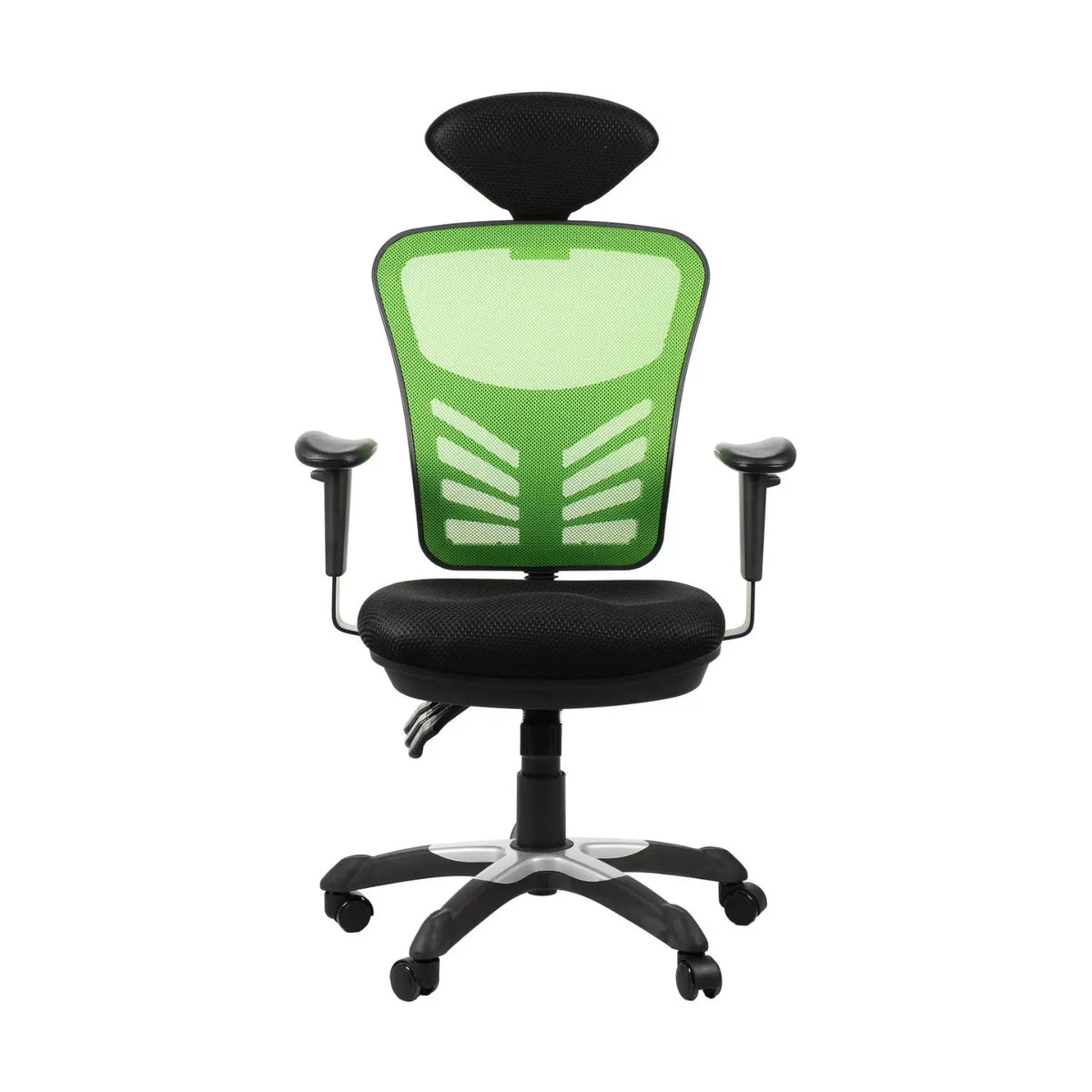 Proizvod je ergonomska uredska stolica, model HG-0001H. Stolica ima zeleni mrežasti naslon za leđa za prozračnost, podstavljeno crno sjedalo i podesive naslone za ruke, a sve je montirano na bazu s kotačićima za mobilnost.