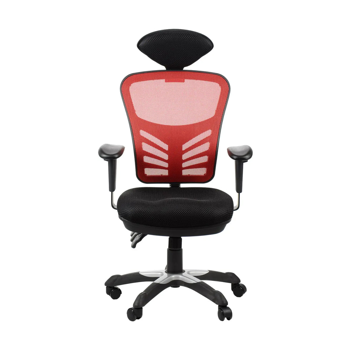 Proizvod je ergonomska uredska stolica, točnije model HG-0001H. Stolica ima mrežasti naslon za leđa s crvenim naglaskom, podstavljeno sjedalo i podesive naslone za ruke, dizajnirane za udobnost i potporu tijekom dugih sati korištenja. Postolje je opremljeno kotačićima za mobilnost.