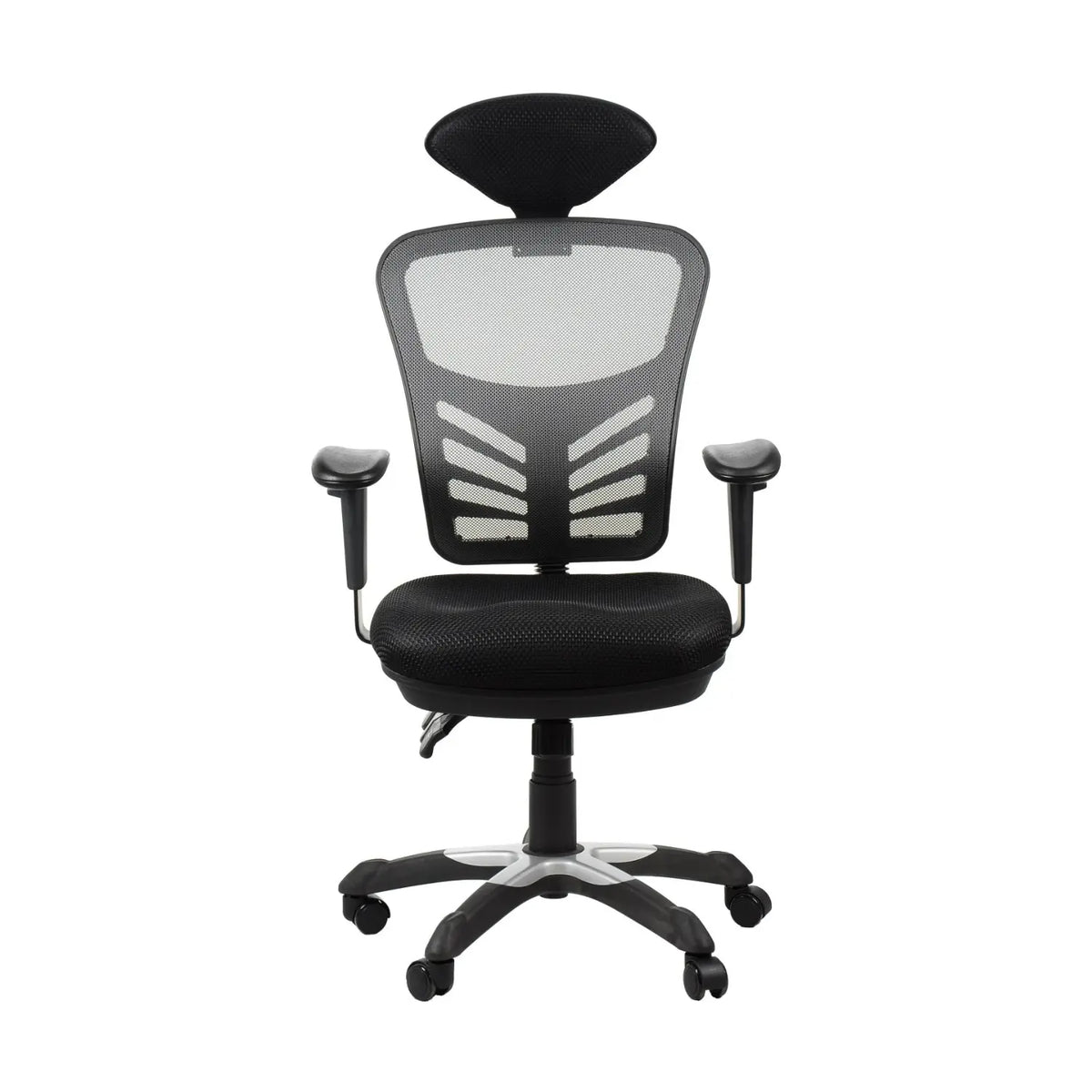 Proizvod je ergonomska uredska stolica, model HG-0001H. Stolica ima prozračni mrežasti naslon za leđa, podstavljeno sjedalo i podesive naslone za ruke, dizajnirane za udobnost i potporu tijekom dugih sati sjedenja. Cjelokupni dizajn je elegantan i moderan, prikladan za uredska okruženja.