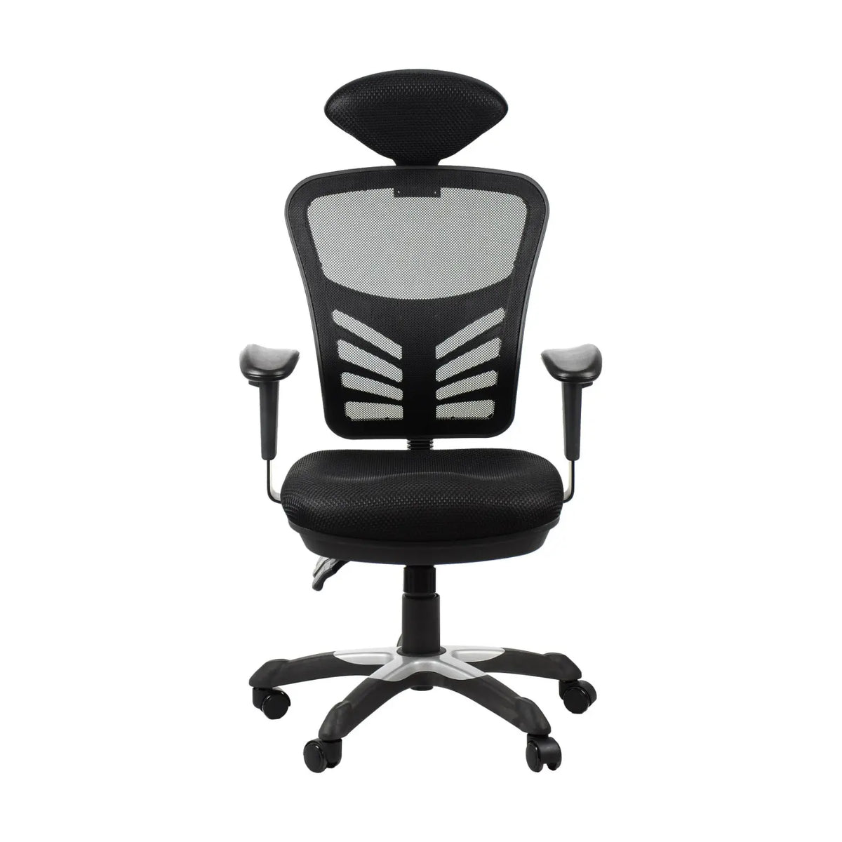 Proizvod je ergonomska uredska stolica, model HG-0001H. Stolica ima mrežasti naslon za prozračnost, podesive naslone za ruke i podstavljeno sjedalo, dizajnirano za udobnost i potporu tijekom dugih sati sjedenja. Cjelokupni dizajn naglašava ergonomsku potporu s modernom estetikom.