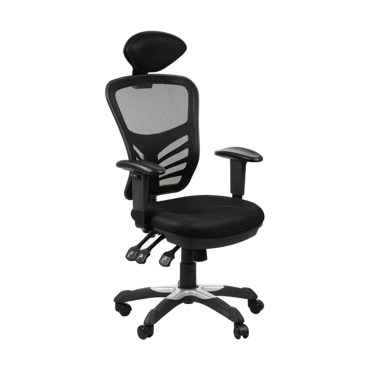Proizvod je ergonomska uredska stolica, model HG-0001H. Stolica ima crni mrežasti naslon za leđa i sjedalo, podesive naslone za ruke i naslon za glavu, dizajniran za udobnost i potporu tijekom dugih sati sjedenja. Uključuje više poluga za podešavanje za personalizirane postavke.
