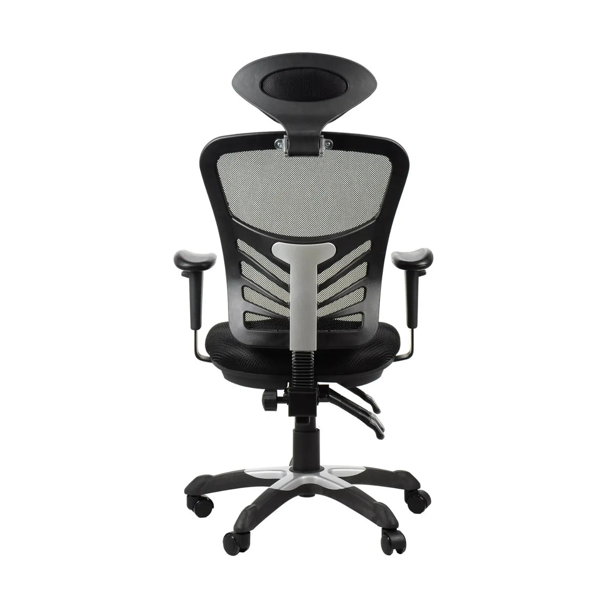 Proizvod je ergonomska uredska stolica, model HG-0001H. Slika prikazuje pogled na stolicu sa stražnje strane, s mrežastim naslonom za leđa za prozračnost, podesivim naslonima za ruke i elegantnim dizajnom s bazom s pet krakova na kotačićima za mobilnost.