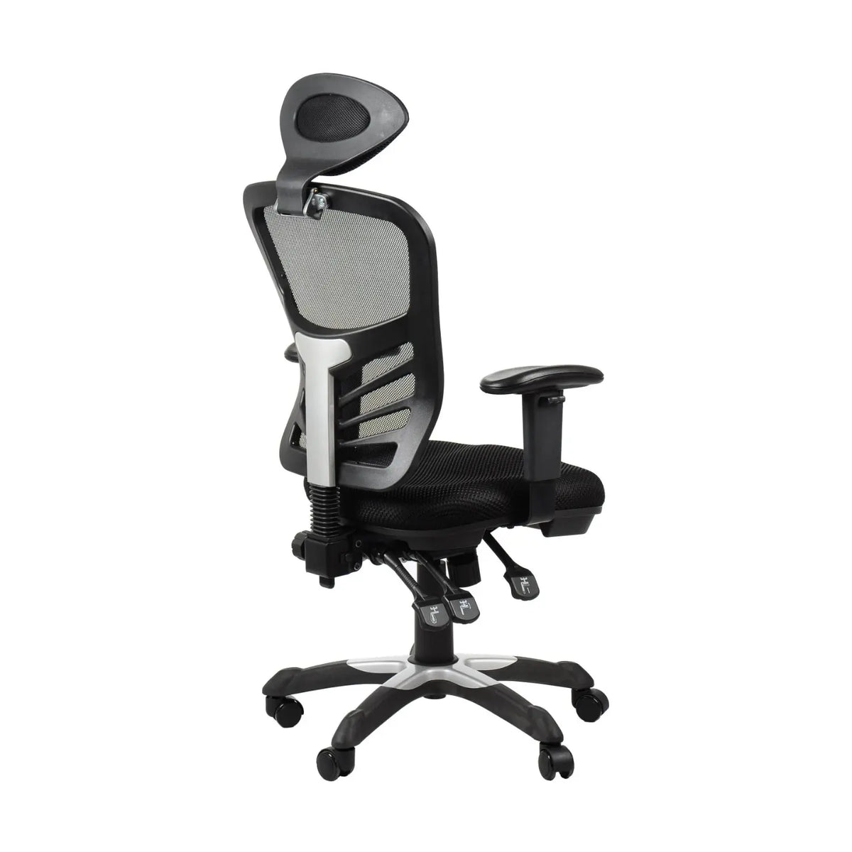 Proizvod je ergonomska uredska stolica, model HG-0001H. Slika prikazuje stolicu s mrežastim naslonom za leđa za prozračnost, podesivim naslonima za ruke i bazom s pet krakova s kotačićima za mobilnost. Dizajn naglašava udobnost i potporu, prikladnu za dulje periode sjedenja.