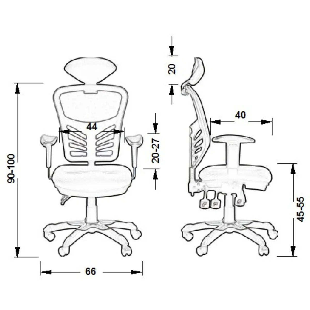 Proizvod je ergonomska uredska stolica, model HG-0001H. Slika prikazuje stolicu s prednje i bočne strane, ističući njezine podesive značajke, uključujući postavke visine i naslona za ruke, kao i njezin prozračni dizajn naslona za udobnost. Dimenzije su također naznačene, pružajući detalje o njezinoj veličini i mogućnostima podešavanja.