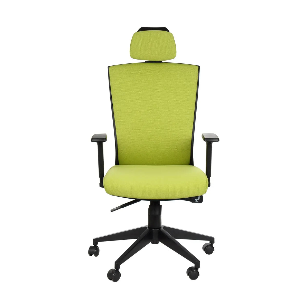 Proizvod je ergonomska uredska stolica, model HG-0004F. Stolica ima živopisne zelene presvlake od tkanine, visoki naslon za leđa s naslonom za glavu i podesive naslone za ruke, a sve to podržava baza u pet točaka s kotačićima za mobilnost.