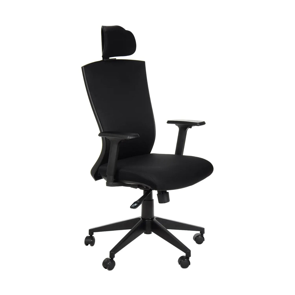 Proizvod je ergonomska uredska stolica, model HG-0004F. Stolica se odlikuje elegantnim crnim dizajnom s visokim naslonom za leđa i naslonom za glavu za dodatnu potporu. Ima podesive naslone za ruke i bazu s pet krakova s kotačićima za mobilnost.