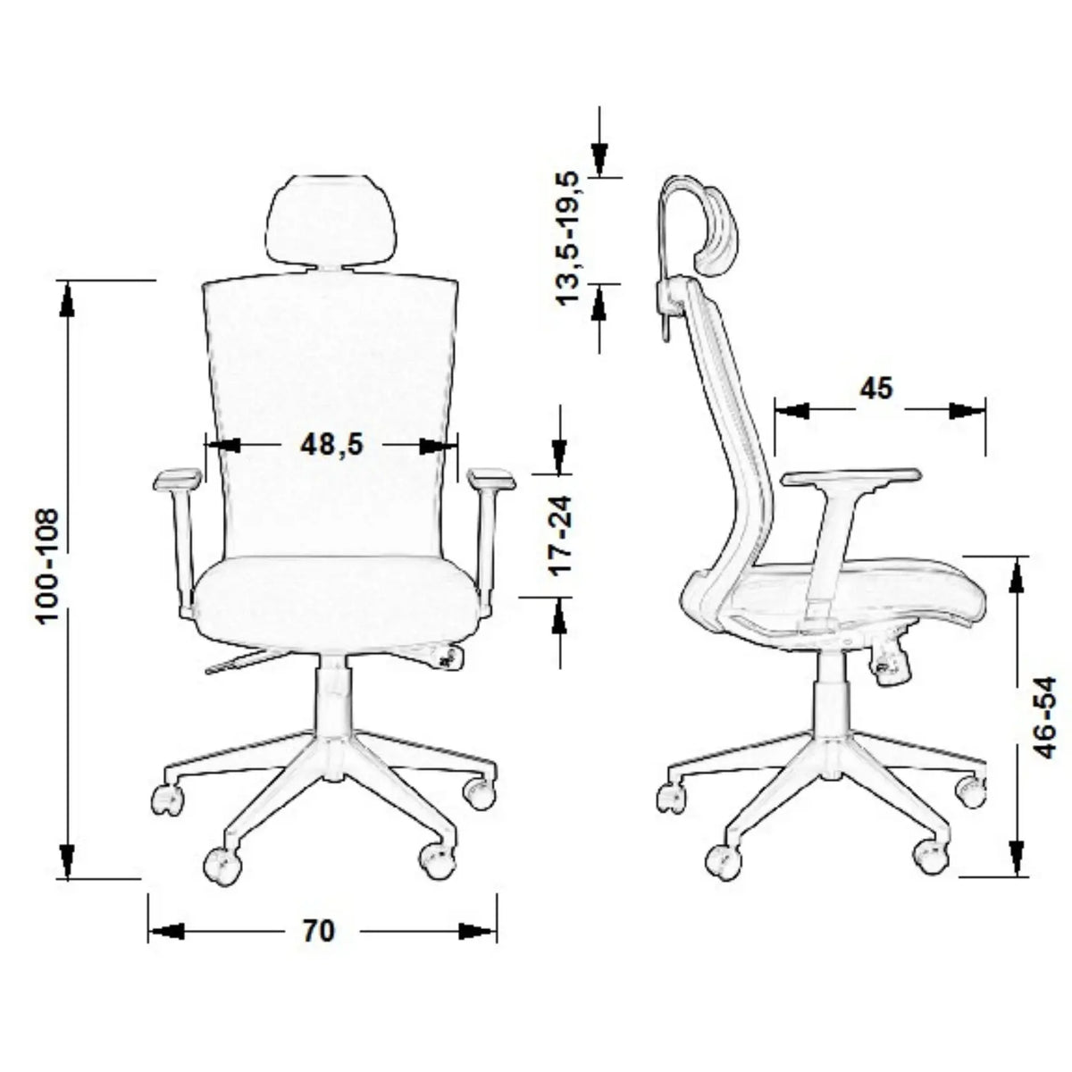 Proizvod je ergonomska uredska stolica, model HG-0004F. Slika prikazuje stolicu s prednje i bočne strane, ističući njezine podesive značajke, uključujući visinu i naslone za ruke, zajedno sa specifičnim dimenzijama za optimalnu udobnost i potporu.