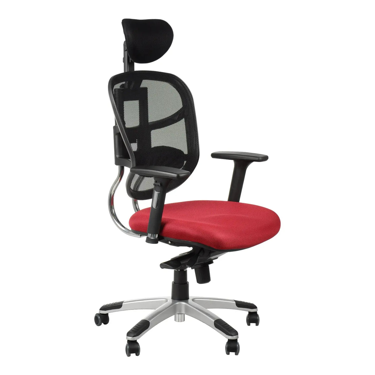Proizvod je ergonomska uredska stolica, model HN-5018. Sadrži crni naslon od mrežaste tkanine za prozračnost, crveno podstavljeno sjedalo za udobnost i podesive naslone za ruke. Stolica je montirana na srebrnu bazu s kotačićima za mobilnost.
