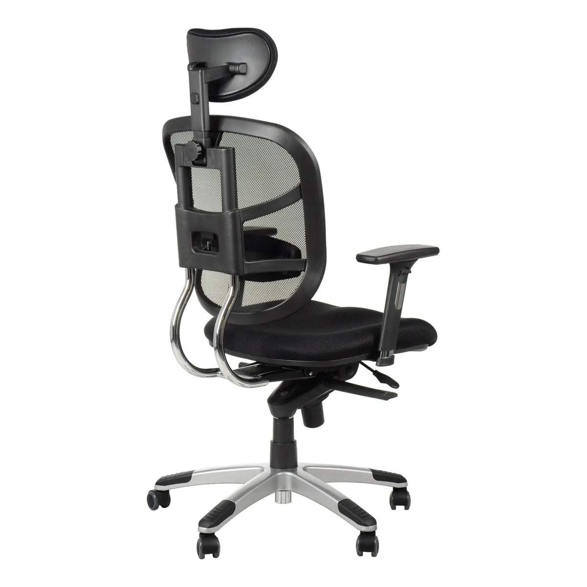 Proizvod je ergonomska uredska stolica, točnije model HN-5018. Slika prikazuje stolicu sa stražnje strane, s mrežastim naslonom za leđa za prozračnost, podesivim naslonima za ruke i naslonom za glavu. Stolica je dizajnirana za udobnost i potporu tijekom dugih sati sjedenja, sa elegantnim srebrnim postoljem i rotirajućim kotačićima za mobilnost.