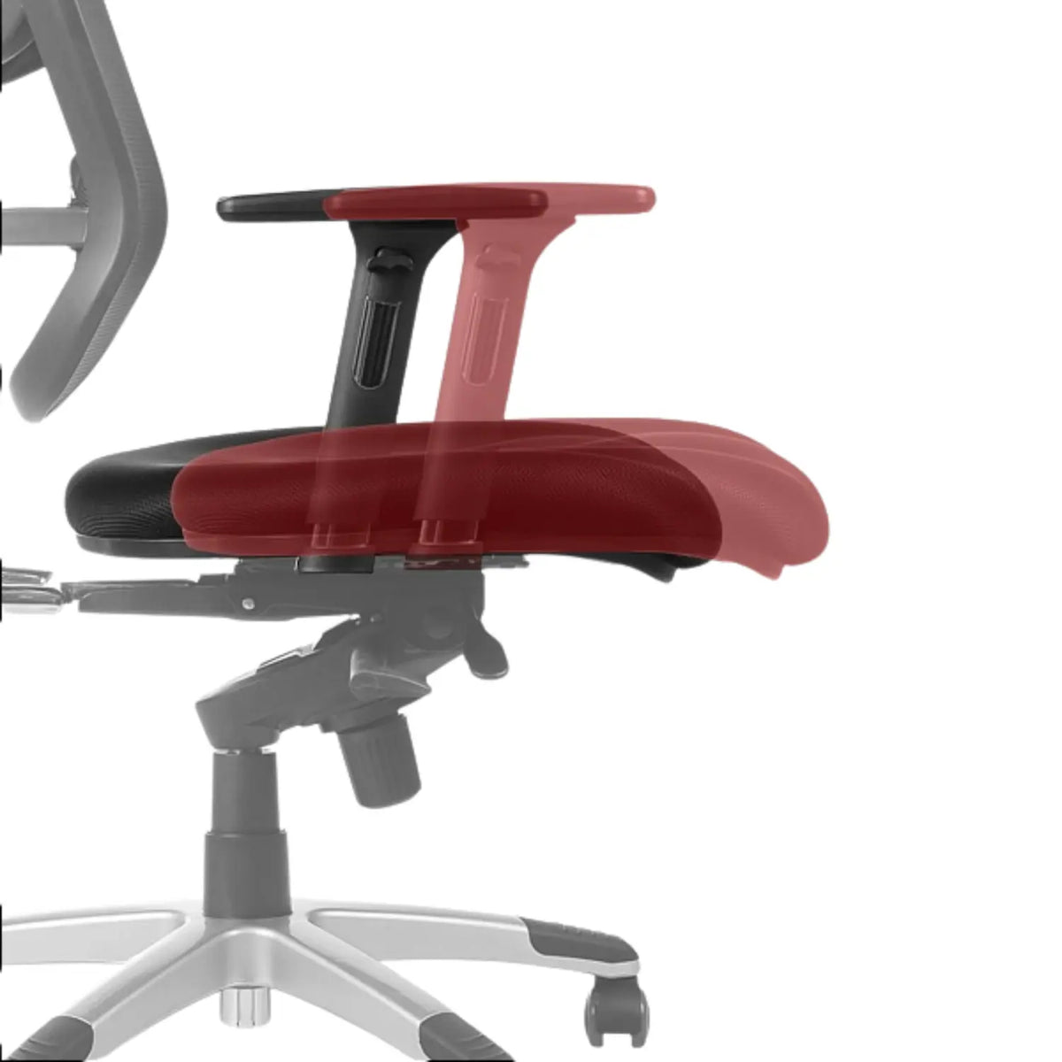 Proizvod je ergonomska uredska stolica, točnije model HN-5018. Slika prikazuje detaljan prikaz naslona za ruke i sjedala stolice, ističući podesive značajke. Čini se da je naslon za ruke u kontrastnoj boji, što ukazuje na njegov ergonomski dizajn i funkcionalnost.