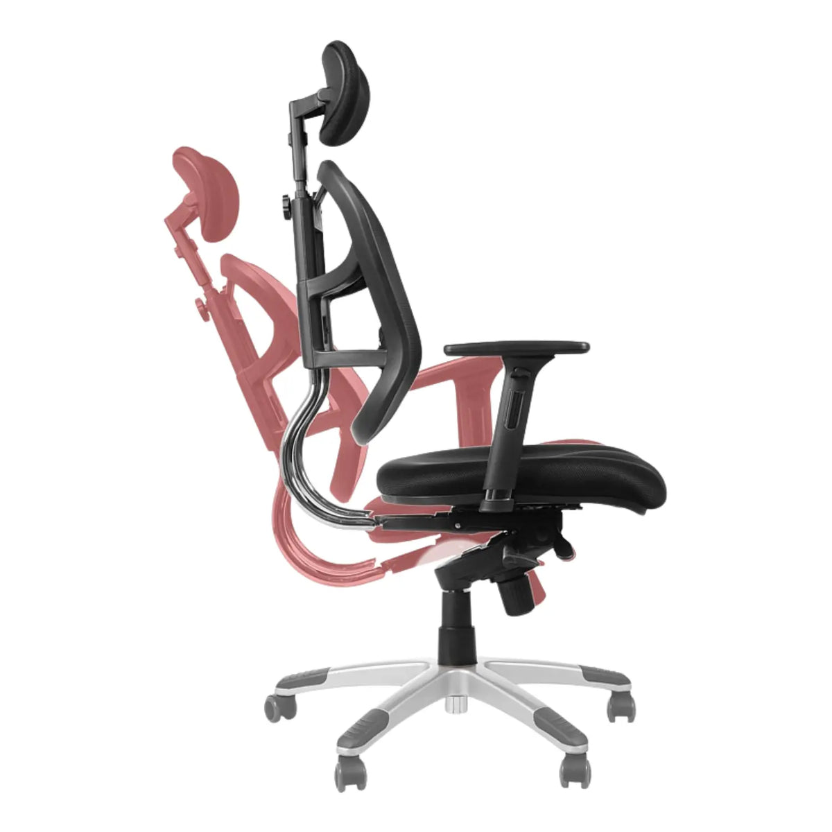 Proizvod je ergonomska uredska stolica, točnije model HN-5018. Slika prikazuje bočni prikaz stolice, ističući njezin podesivi naslon za glavu i naslone za ruke, kao i ergonomski dizajn koji podržava pravilno držanje. Stolica ima elegantno crno sjedalo i srebrno postolje s kotačićima za mobilnost.