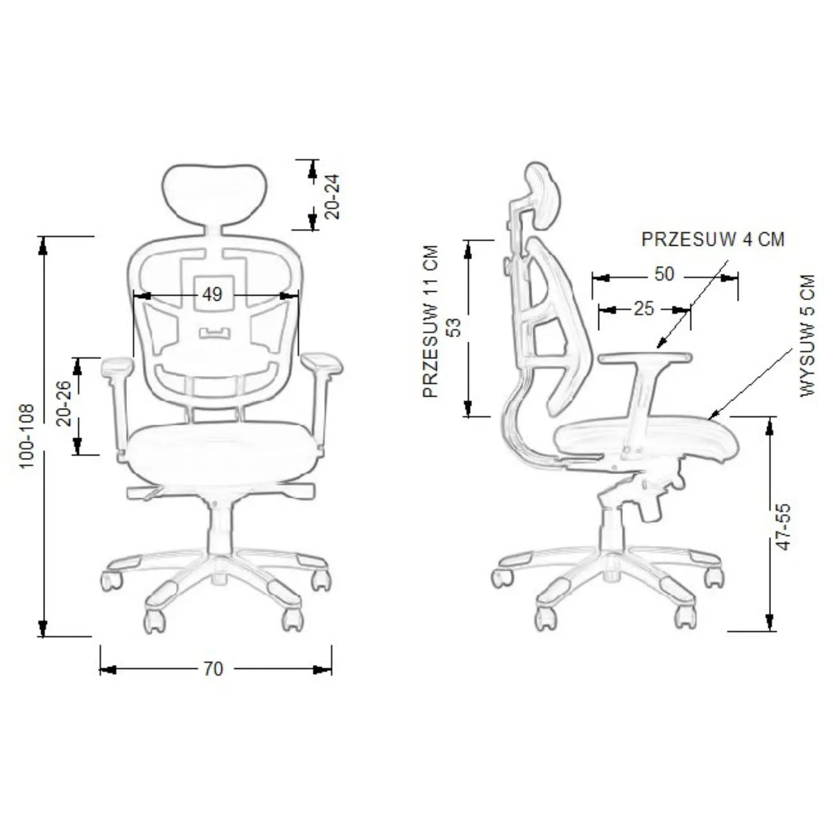 Proizvod je ergonomska uredska stolica, model HN-5018. Slika prikazuje stolicu s prednje i bočne strane, ističući njezine podesive značajke, uključujući visinu sjedala i položaj naslona za ruke, zajedno s detaljnim dimenzijama za optimalno pristajanje. Dizajn naglašava udobnost i potporu, pogodne za dugotrajnu uporabu.