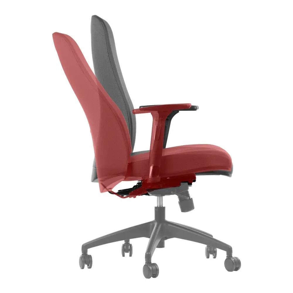 Proizvod je ergonomska uredska stolica, točnije model Kenton. Slika prikazuje bočni prikaz stolice, ističući njezin dvobojni dizajn s crvenim sjedalom i naslonom za leđa u kontrastu sa sivim naslonom. Stolica ima podesive naslone za ruke i bazu s pet točaka s kotačićima za mobilnost, naglašavajući njezin ergonomski dizajn za udobnost i potporu.