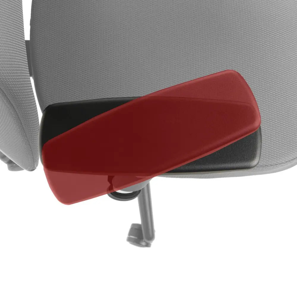 Slika prikazuje ergonomsku uredsku stolicu, točnije model Kenton. Prikazuje krupan plan naslona za ruke, koji ima elegantan dizajn s podstavljenom površinom za udobnost. Čini se da je presvlaka stolice teksturirana siva tkanina, koja pruža moderan i profesionalan izgled.
