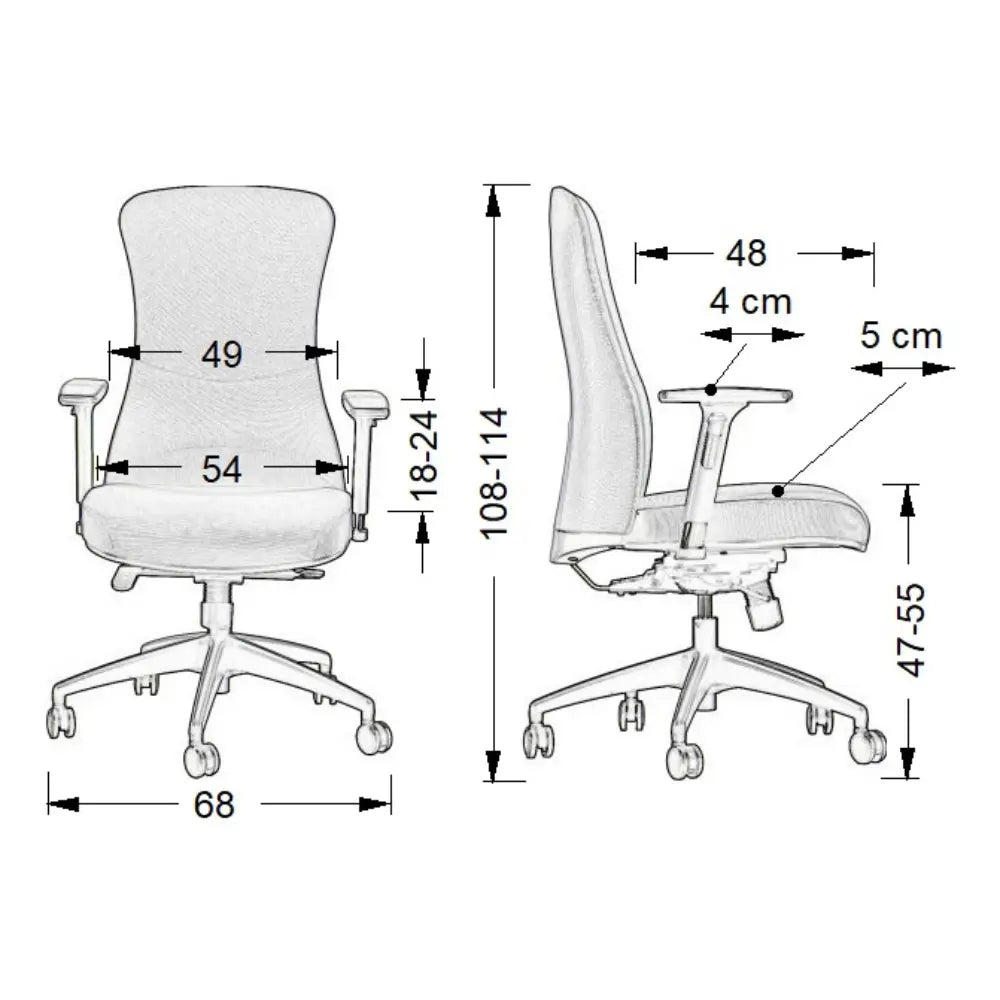 Slika prikazuje model ergonomske uredske stolice pod nazivom Kenton. Odlikuje se elegantnim dizajnom s podesivim komponentama, uključujući naslone za ruke i postavke visine. Dimenzije su jasno označene, što ukazuje na njezinu prikladnost za različite visine i želje korisnika.