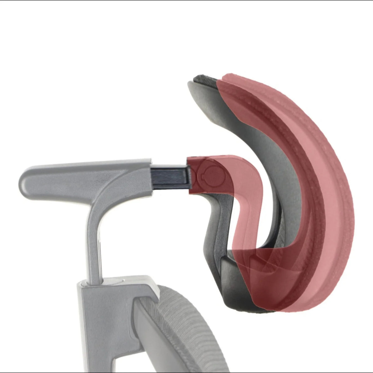 Proizvod je ergonomska uredska stolica, točnije model Larck. Slika prikazuje krupni plan komponente, ističući podesivi naslon za glavu i njegove mehanizme, naglašavajući značajke udobnosti i potpore.