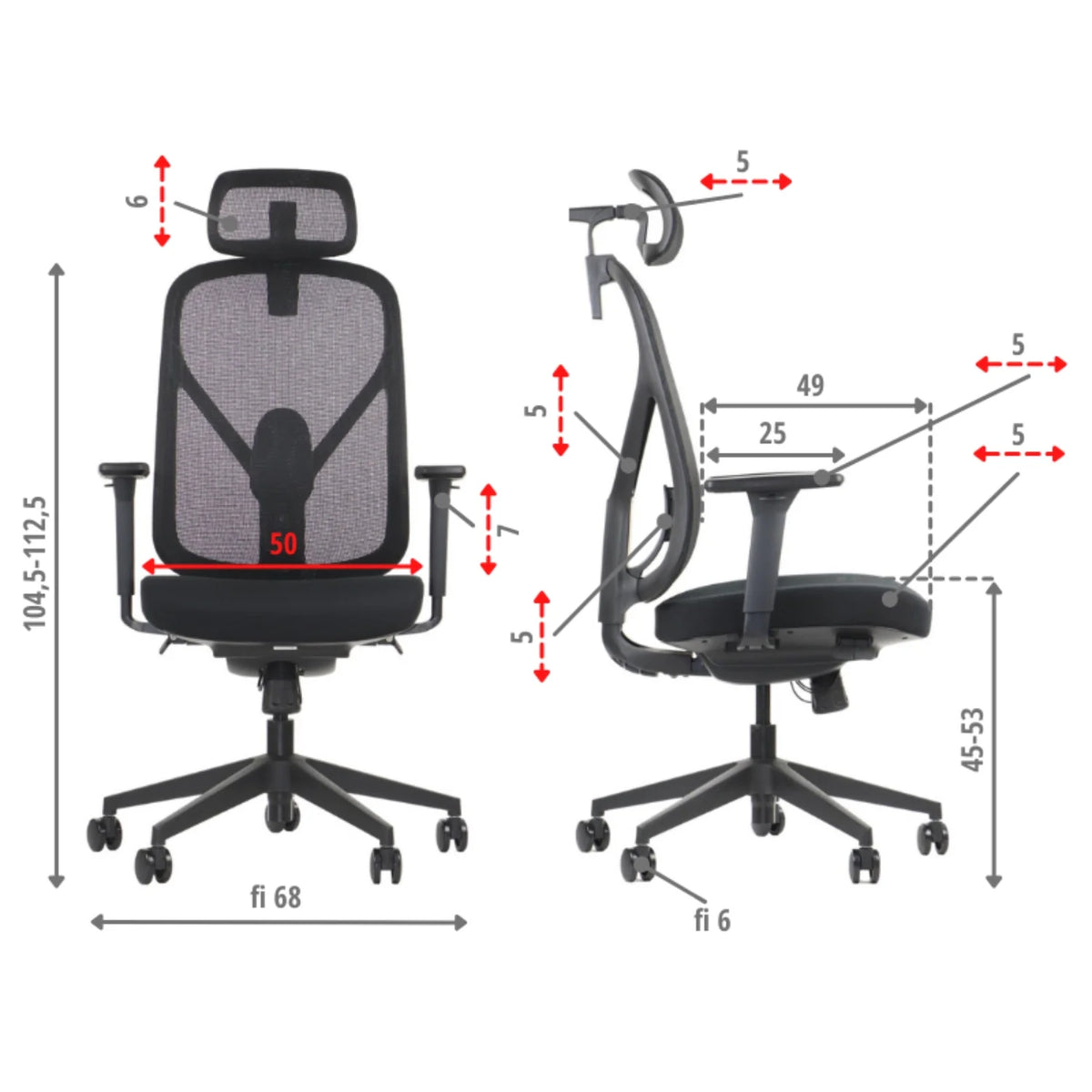 Proizvod je ergonomska uredska stolica, točnije model Larck. Slika prikazuje stolicu s prednje i bočne strane, ističući njezin mrežasti naslon za leđa, podesivi naslon za glavu i naslone za ruke. Navedene su dimenzije koje označavaju raspon visine stolice i ostale mjere za optimalnu udobnost i pristajanje.