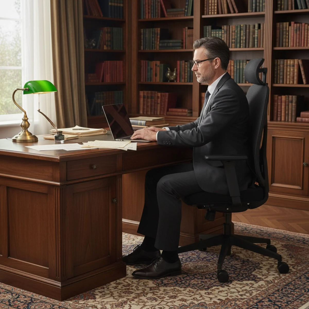 Slika prikazuje ergonomsku uredsku stolicu brenda Larck. Prikazuje muškarca u formalnoj odjeći kako sjedi za drvenim stolom i radi na prijenosnom računalu. Pozadina uključuje dobro popunjenu policu za knjige, dodajući sofisticiranu notu uredskom okruženju.