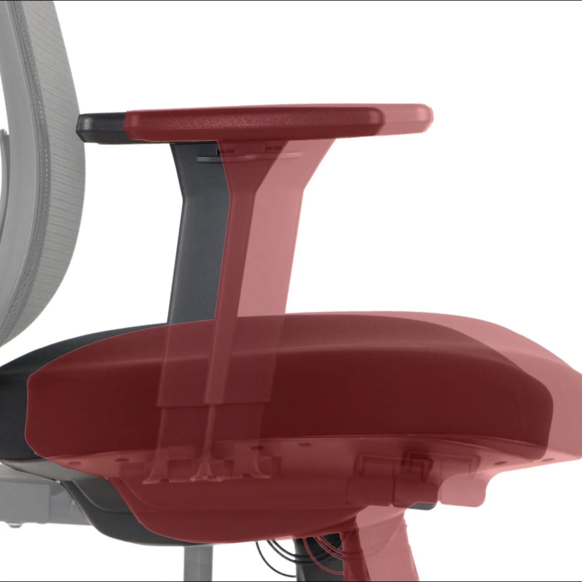 Slika prikazuje ergonomsku uredsku stolicu, točnije model Larck. Prikazuje detaljan prikaz naslona za ruke i sjedala stolice, naglašavajući dizajn i korištene materijale. Čini se da je naslon za ruke podesiv, što povećava udobnost za korisnika.